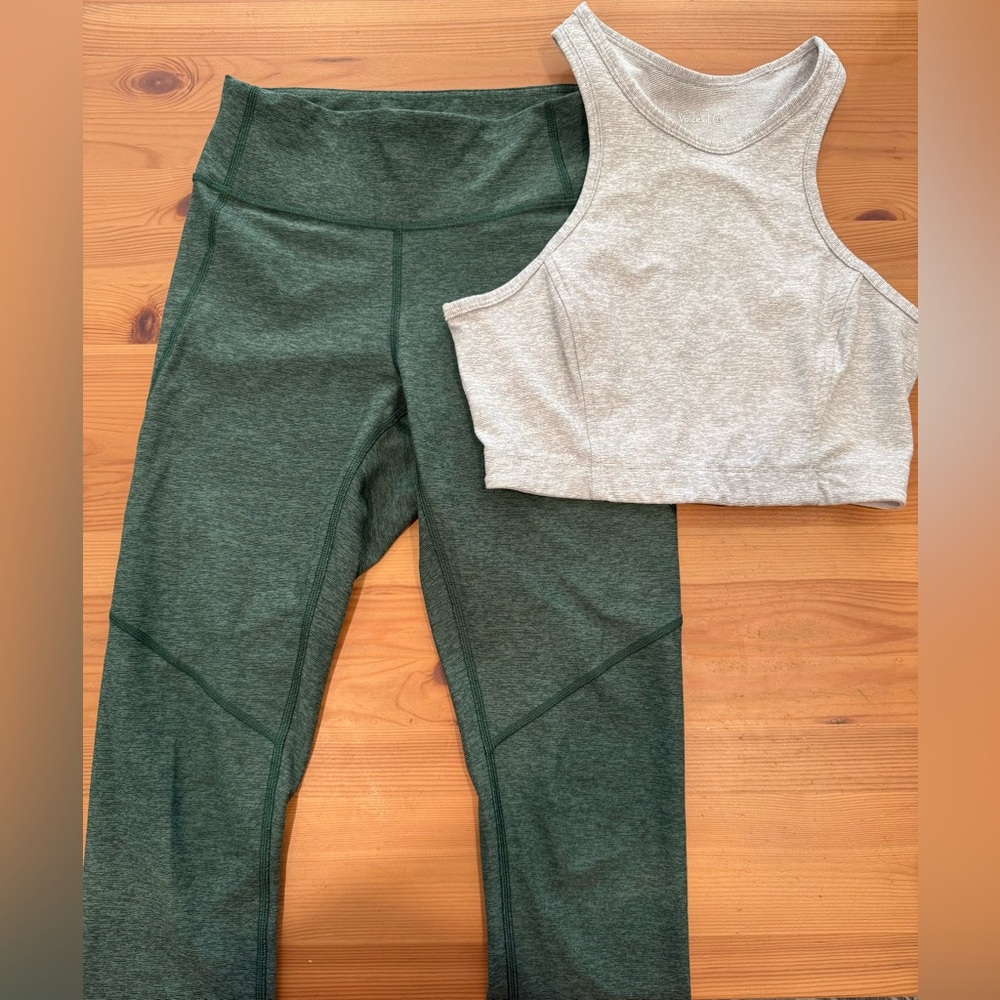 Outdoor Voices Set, Forest Green Leggings (Size S) & Heather Grey Top (Size XS)